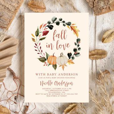 fall in love pumpkin wreath baby shower invitation