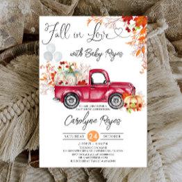 Small Fall In Love Red Pumpkin Pickup Truck Baby Shower Invitation Front View
