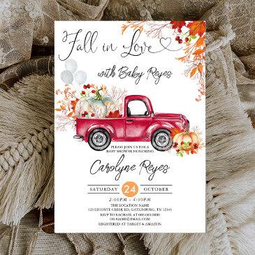 fall in love red pumpkin pickup truck baby shower invitation