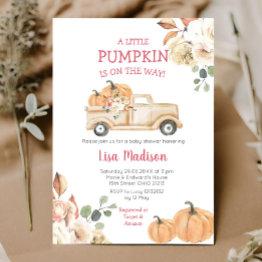 Small Fall Little Pumpkin Truck Baby Shower Girl Invitation Front View