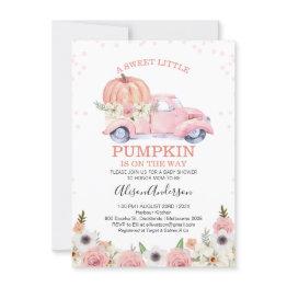 Small Fall Pink Floral Pumpkin Truck Baby Shower Invitation Front View