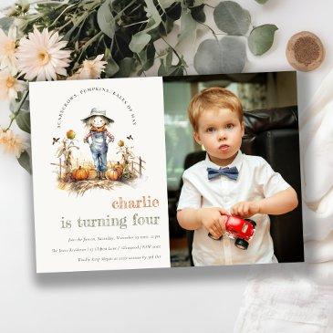 fall pumpkin scarecrow harvest kids photo birthday invitation