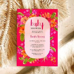 Small Fall Retro Pink Orange Floral Script Baby Shower Invitation Front View