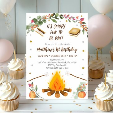 fall s'mores campfire first birthday invitation