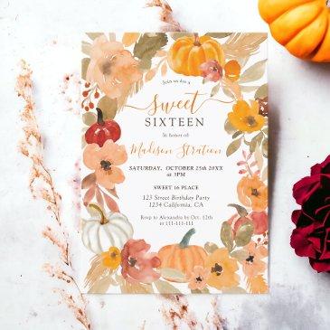 fall warm boho pumpkin floral sweet 16 birthday invitation