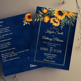 Small Fall Wedding Navy Blue Yellow Sunflower All In One Invitation Front View