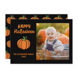 Small Family Photo Orange Pumpkin Black Happy Halloween Note Invitations Front View