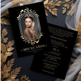 Small Fancy Botanical Oval Frame Spanish Quinceañera Foil Invitation Front View
