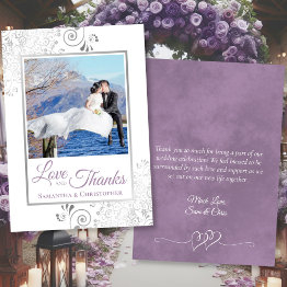 Small Fancy Lavender Love & Thanks Photo & Note Wedding Thank You Invitations Front View