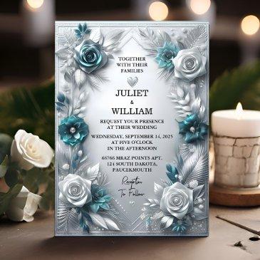 fancy metal glam shiny high end silver wedding invitation