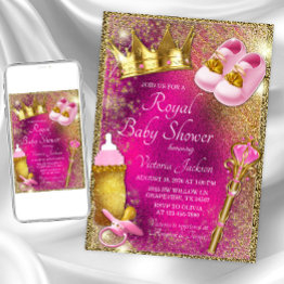 Small Fancy Pink Gold Princess Baby Shower Invitation Front View