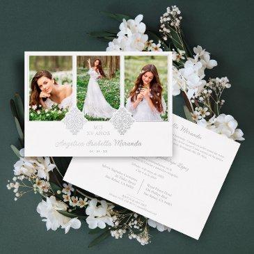 fancy romantic xv spanish 3 photos silver lace foil invitation
