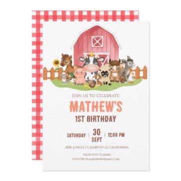 farm animals barnyard 1st 2nd birthday invitation