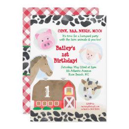 Small Farm Barnyard Animals Gingham Cow Print Birthday Invitation Front View
