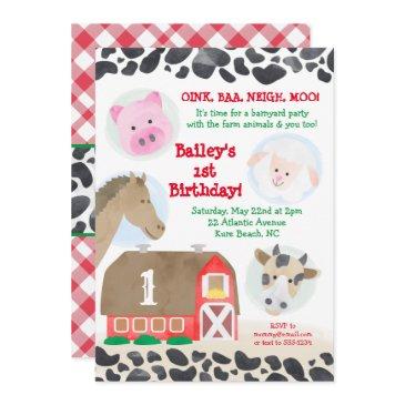 farm barnyard animals gingham cow print birthday invitation
