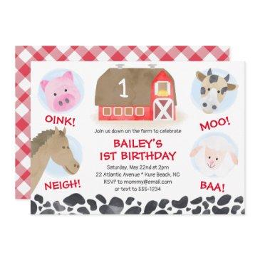 farm barnyard animals red gingham boy birthday invitation