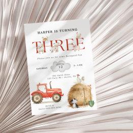Small Farm Barnyard Fun Third Birthday Invitation Front View