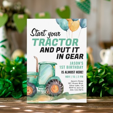 farm green tractor birthday invitation