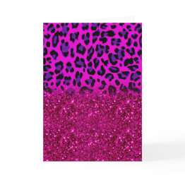 Small Fashion Modern Pink Purple Glitter Leopard Invitations Front View