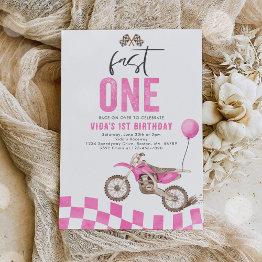 Small Fast One Pink Dirt Bike Girl 1st Birthday Party Invitation Front View
