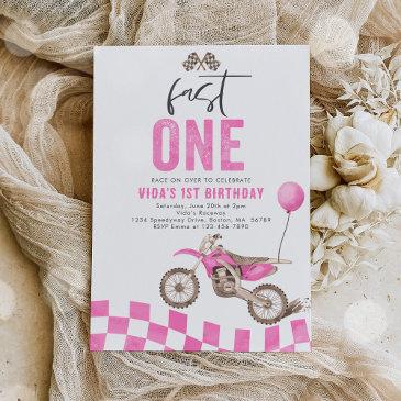 fast one pink dirt bike girl 1st birthday party invitation