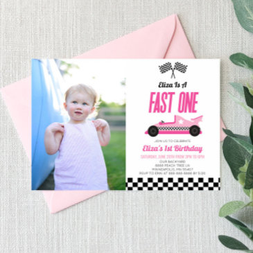 fast one pink flame race car 1st birthday party invitation