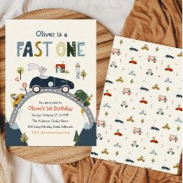 Small Fast One Racing Car Birthday Invitation Front View