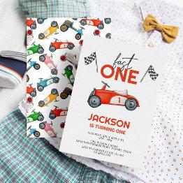 Small Fast One Red Race Car Boy 1st Birthday Party Invitation Front View