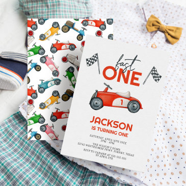 fast one red race car boy 1st birthday party invitation
