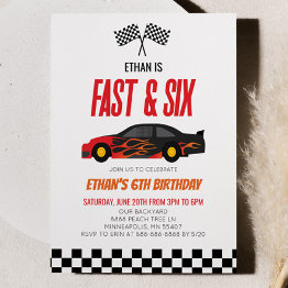 Small Fast & Six Red Flame Race Car 6th Birthday Party Invitation Front View