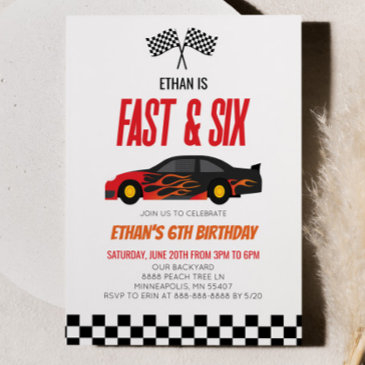 fast & six red flame race car 6th birthday party invitation