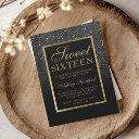 faux black glitter gold elegant chic sweet 16 invitation