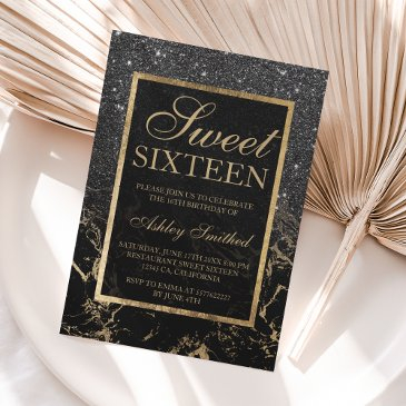 faux black glitter gold elegant marble sweet 16 invitation