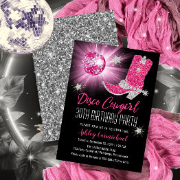 Small Faux Glitter Pink Disco Cowgirl 30 Birthday Party Invitation Front View