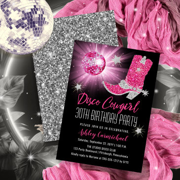 faux glitter pink disco cowgirl 30 birthday party invitation
