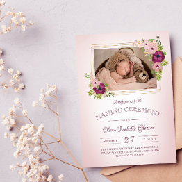 Small Faux Gold Frames Blush Floral Naming Ceremony Invitation Front View