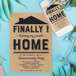 Small Faux Kraft Leave Parents Funny Housewarming Party Invitation Front View