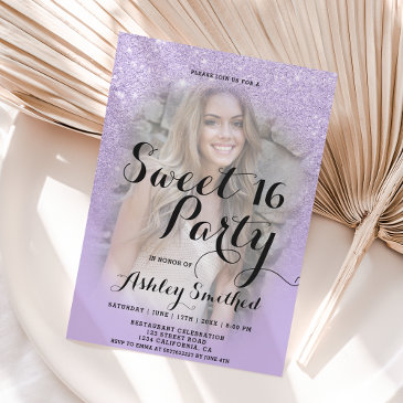 faux purple lavender glitter ombre photo sweet 16 invitation