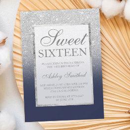 Small Faux Silver Glitter Navy Blue Legant Chic Sweet 16 Invitation Front View