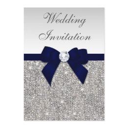 Small Faux Silver Sequins Diamonds Navy Bow Wedding Invitation Front View