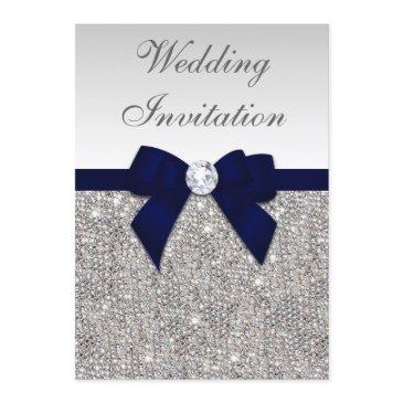faux silver sequins diamonds navy bow wedding invitation