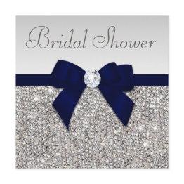 Small Faux Silver Sequins Navy Blue Bow Bridal Shower Invitation Front View