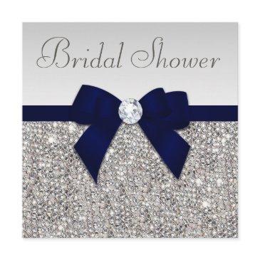 faux silver sequins navy blue bow bridal shower invitation