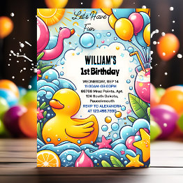 Small Feat Splash Bubbles Summer Duck Foam 1st Birthday Invitation Front View