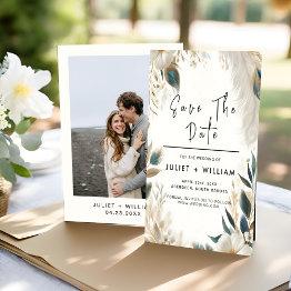Small Feather Rustic Asian Sky Cloud Peacock Wedding Save The Date Front View