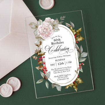feminine floral december 80th birthday celebration acrylic invitations