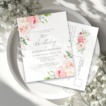 feminine pink floral 50th birthday surprise party invitation postinvitations