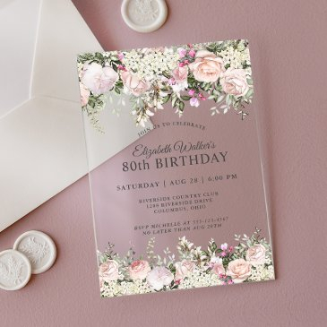 feminine pink roses floral 80th birthday party acrylic invitations
