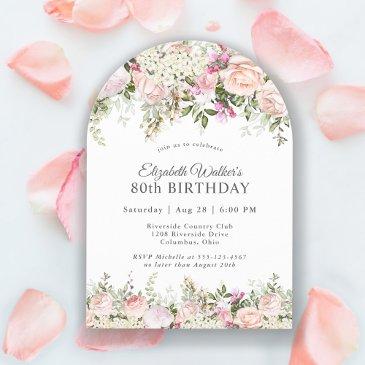 feminine pink roses floral 80th birthday party invitation