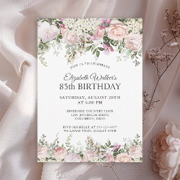 Small Feminine Pink Roses Floral 85th Birthday Party Invitation Front View